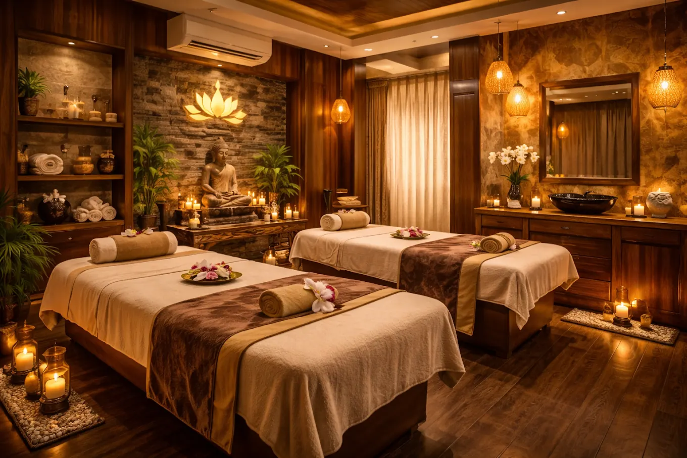 Couple's massage suite with Buddha centerpiece at Aroma Haven Spa